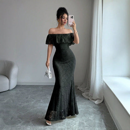 Autumn Elegant off Shoulder Ruffled Lace Patchwork Maxi Dress