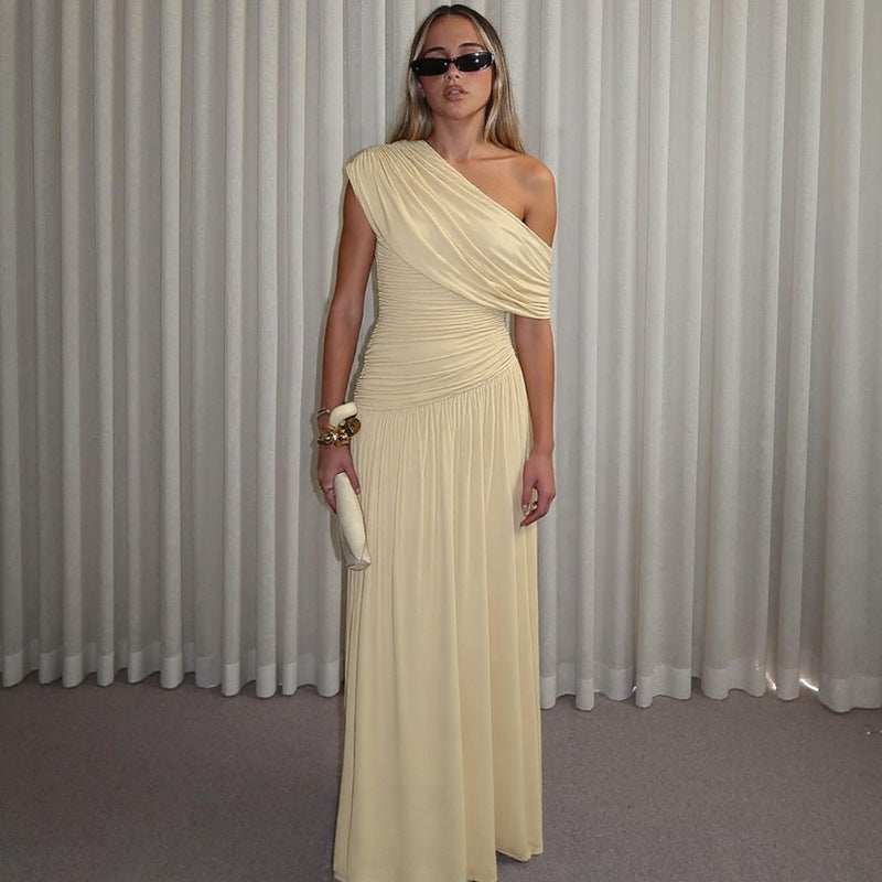 Women Clothing Spring Arrival Fashionable Sexy Diagonal Collar Pleated Asymmetrical Solid Color Dress
