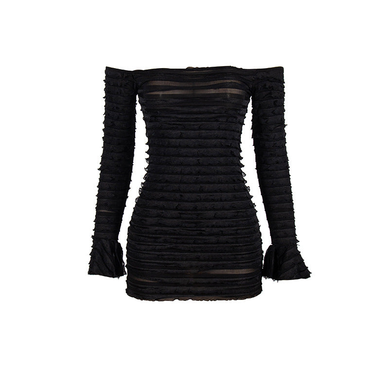 Autumn Solid Color off Shoulder Sexy Long Sleeve Narrow High Waist Women Dress