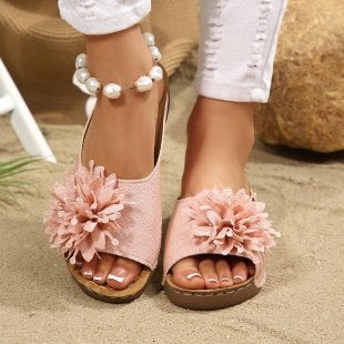 Floral Cloth Wedge Slippers Women Outdoor Seaside Platform Beach Slippers