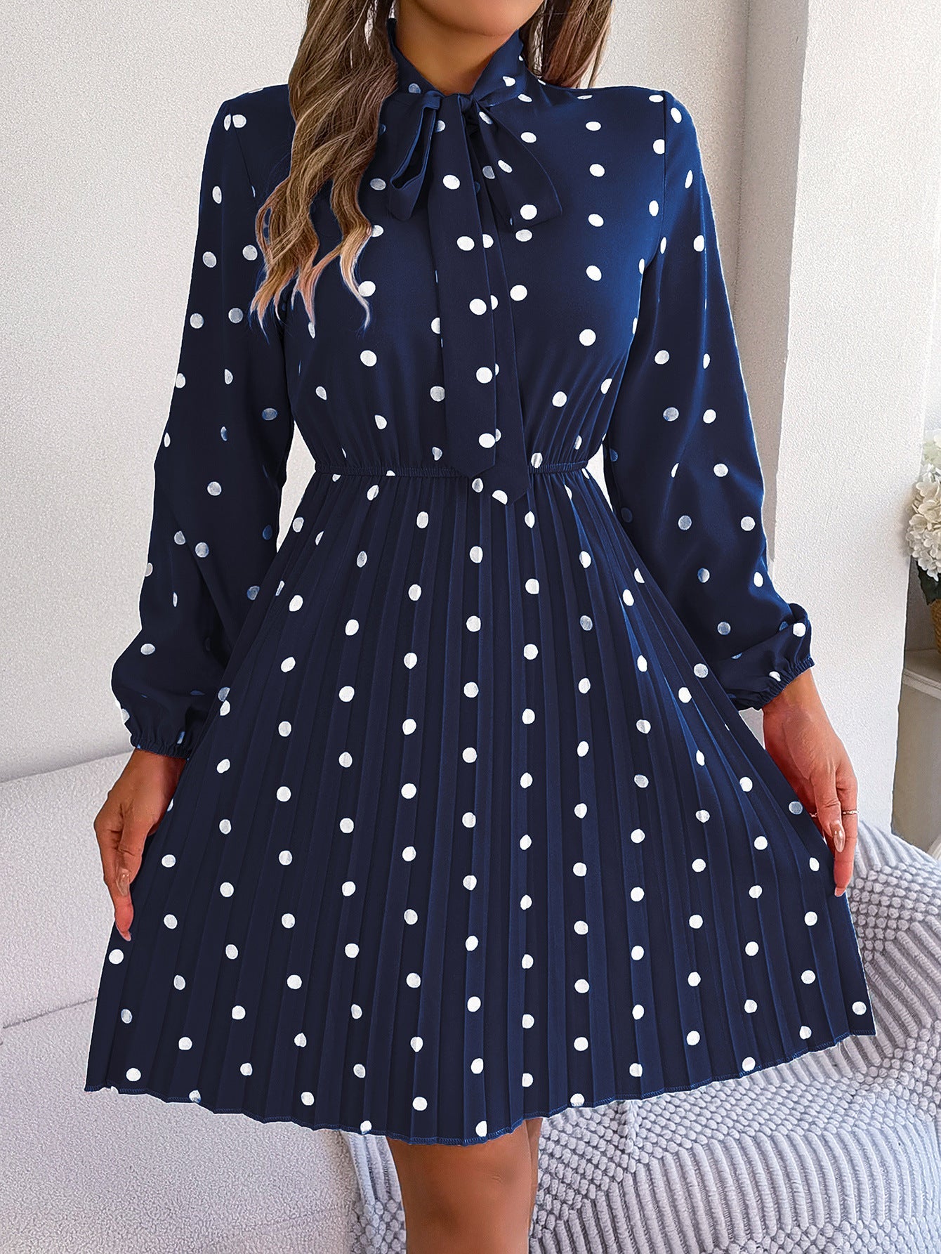 Real Shot Spring Summer Polka Dot Self Tie Waist Controlled Long Sleeves Pleated Women Clothing