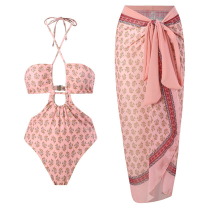 Sexy Double Sided One Piece Swimsuit Pleated Halter Bikini Suit Chiffon Dress