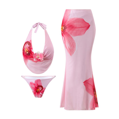 Bikini Mesh Floral Print Three Piece Skirt Sunscreen Swimsuit Women