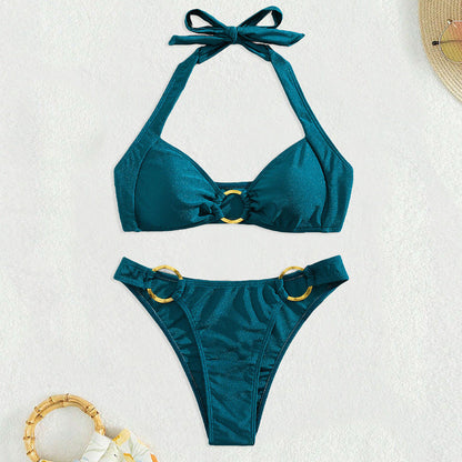 Sexy Bikini Solid Color Biniki Split Swimsuit Gold Ring Halter Swimsuit