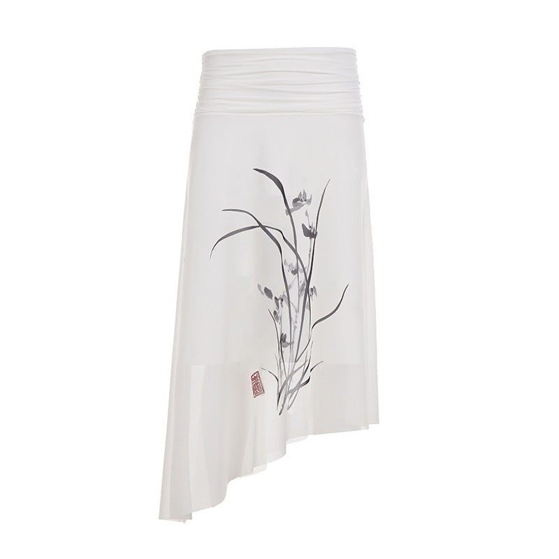 Summer Arrival National Floral Printed Mesh Skirt Chinese Elegant Asymmetric Skirt