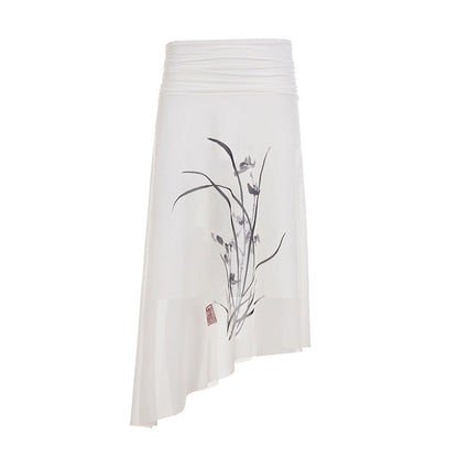 Summer Arrival National Floral Printed Mesh Skirt Chinese Elegant Asymmetric Skirt