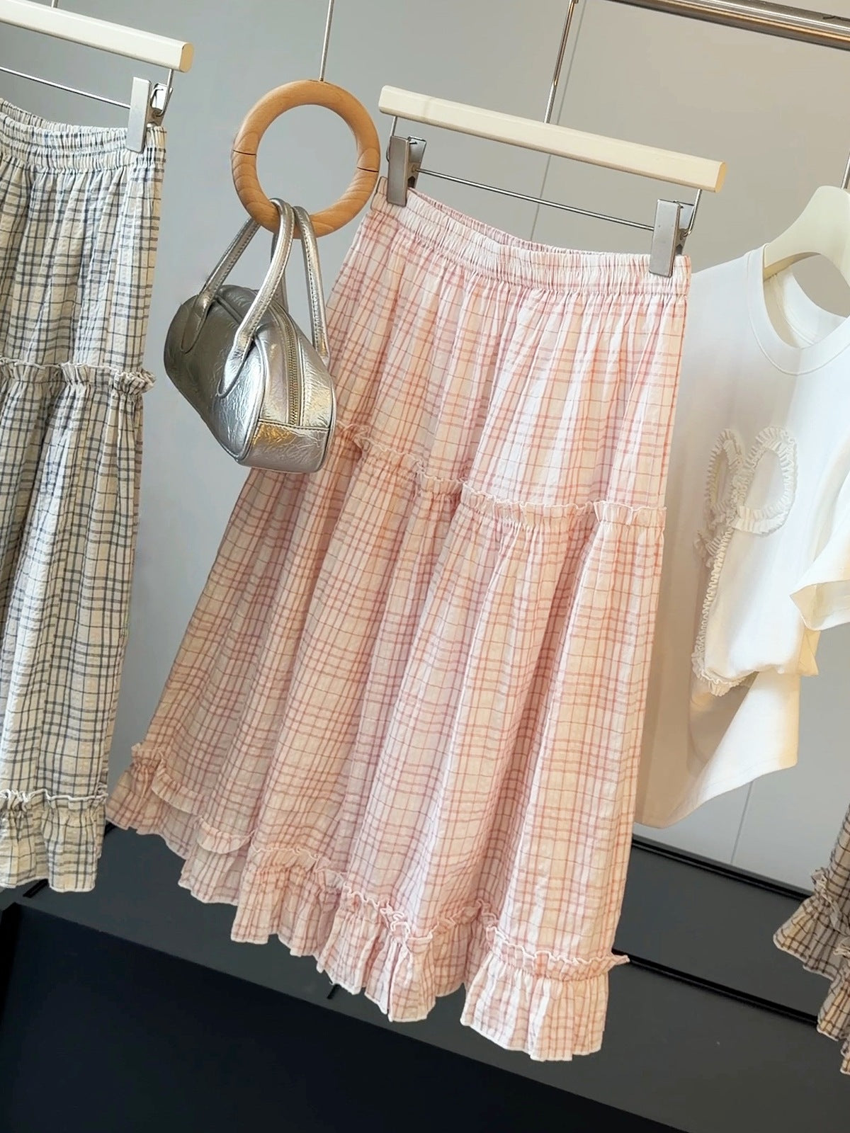 Ruffled Bubble Cotton Plaid Skirt Women Summer High Waist Slimming A Line Mid Length Skirt