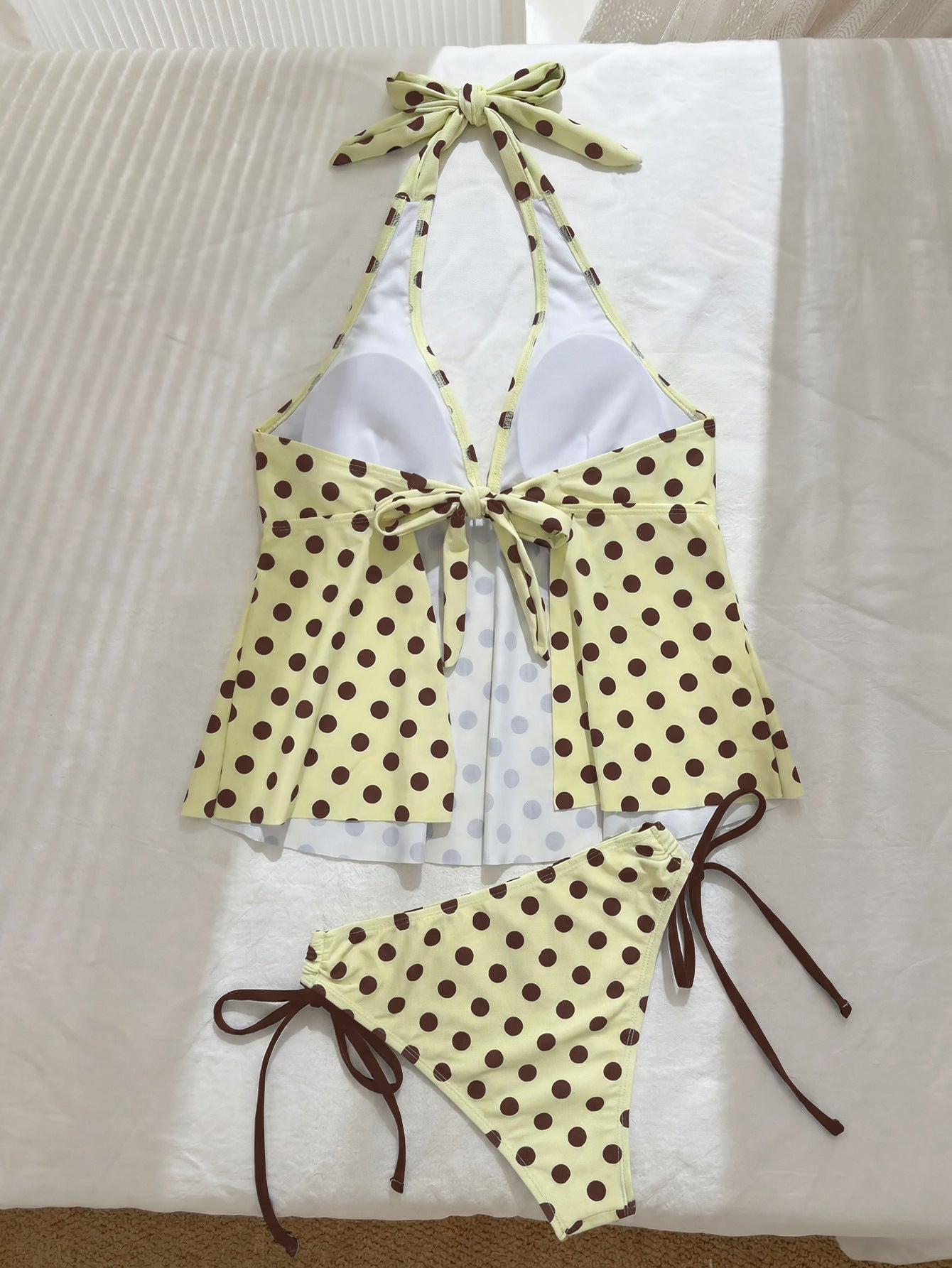 Halter Strap Tankini Printed Split Bikini Lace up Backless Design Swimsuit