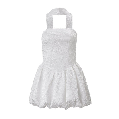 Women Clothing Autumn French Sexy Tube Top Dress Ribbon Fitted Waist Bubble Short Dress