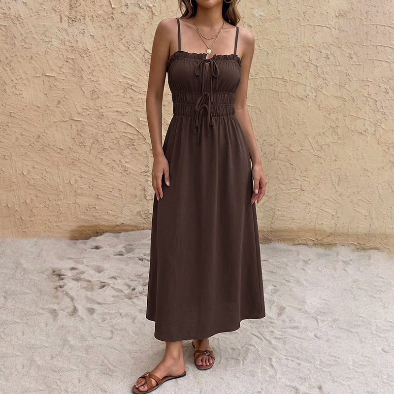 Simple Retro Solid Color Drawstring Waist Trimming Spaghetti Straps Dress