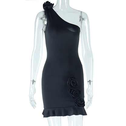 Women Clothing Solid Color Sexy Diagonal Collar Sleeveless Backless Sheath Casual Dress