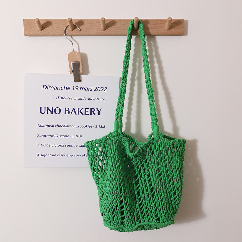 Simple Korean Cotton Woven Bag Large Capacity Mesh Shoulder Straw Bag Handmade Niche Women Bag Casual Vacation Beach Bag