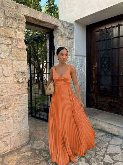Goods Spring Summer Dress Fitted Waist Pleated V neck Brace Solid Color Dress
