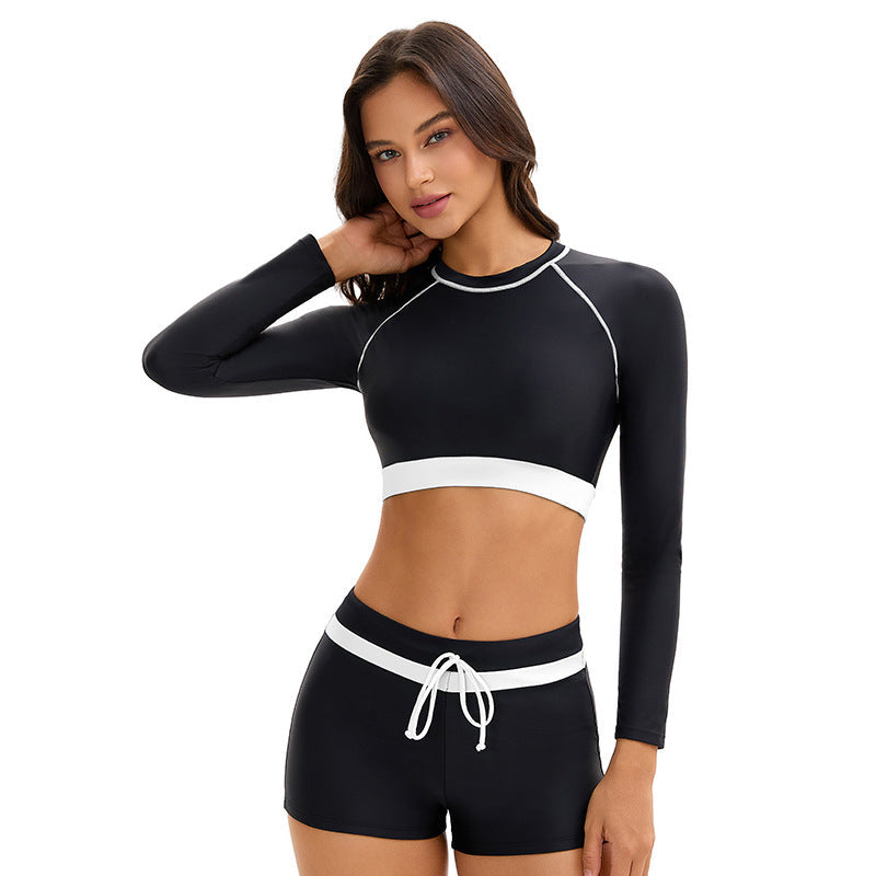 Long Sleeve Women Sports Split Swimsuit Conservative Color Matching Boxer Sun Protection Swimming Set