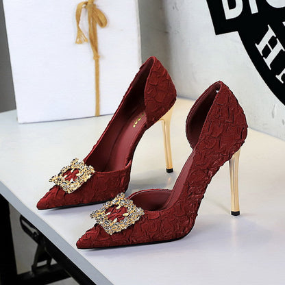 French Rhinestone Square Buckle Side Hollow Out Cutout Slip on Super High Heel Satin Gentle Elegant Stiletto Wedding Shoes