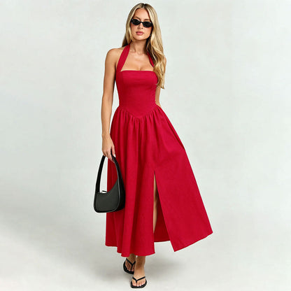 Halter Lace up Dress Women Backless Waist Trimming Large Swing Split Red Atmosphere Holiday Midi Dress