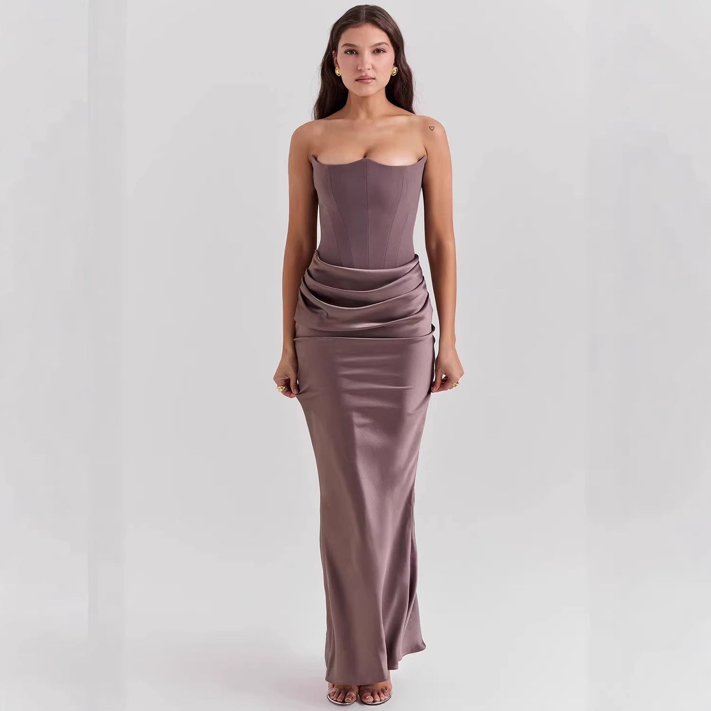 Dress Elegant Sexy Waist Trimming Tube Top Boning Corset Pleated Satin Sheath Dress