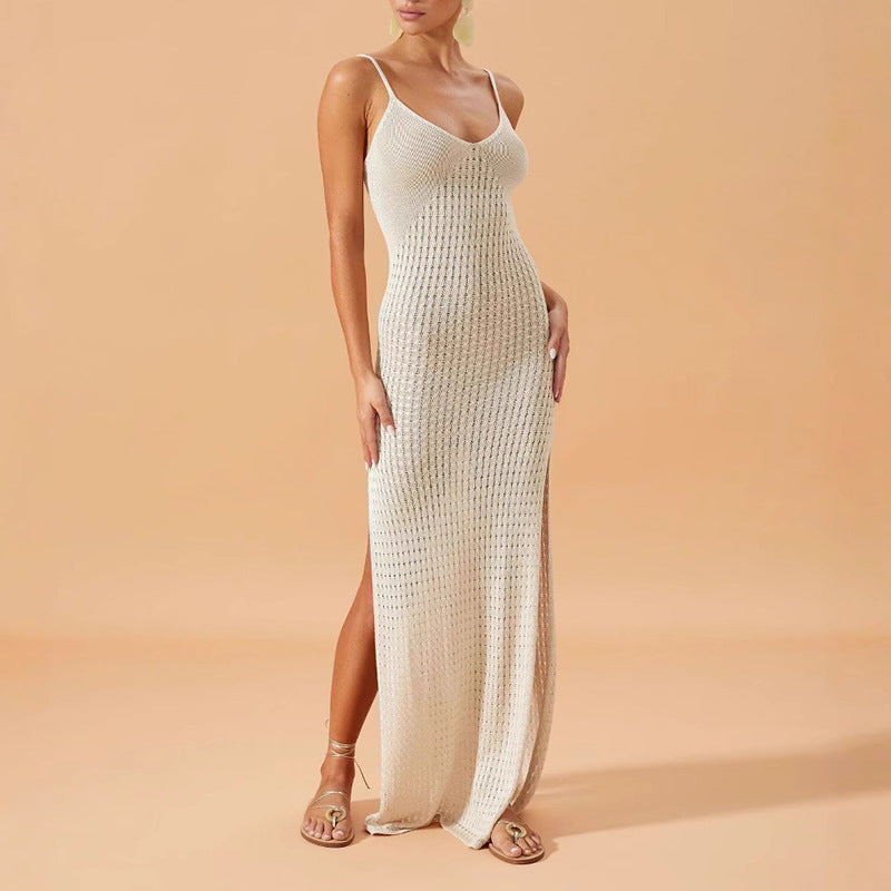 Solid Color Sling Dress Side Slit Summer Pure Want to Wear Seaside Women Knitted Dress Slim French Hip