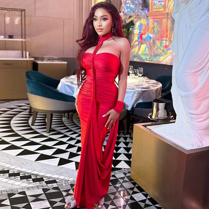 Solid Color Elegant Women Backless Lace up Tube Top Hip Pleated off Neck Dress Cocktail Dress