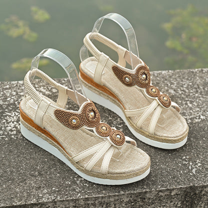 Rhinestone Beaded Elastic Band Wedge Sandals Women Ethnic Mid Heel Lightweight Casual Beach Sandals