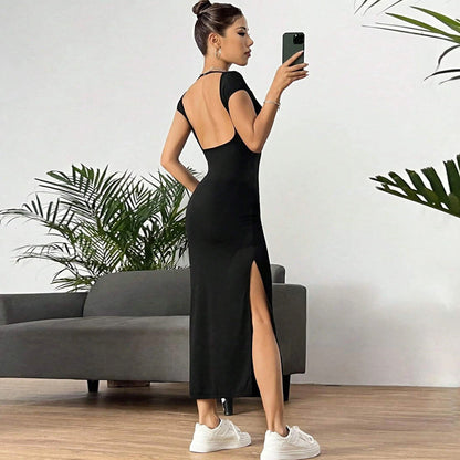 Women Clothing Spring Summer Slim Fit Sexy Backless Sheath Split Sleeveless Dress