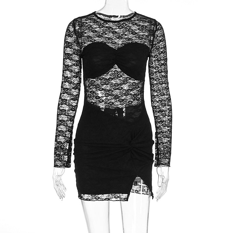 Women Clothing Summer Sexy See through Lace Sheath Long Sleeve Dress