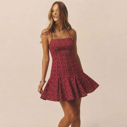 Summer Wine Red Polka Dot Floral Dress Waist Trimming Ruffles Short Dress