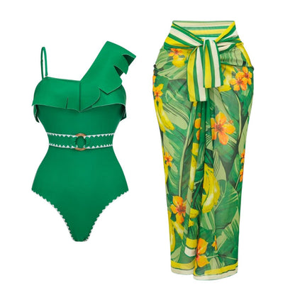 Swimsuit Green One Shoulder Ruffled Design One Piece Swimsuit Women