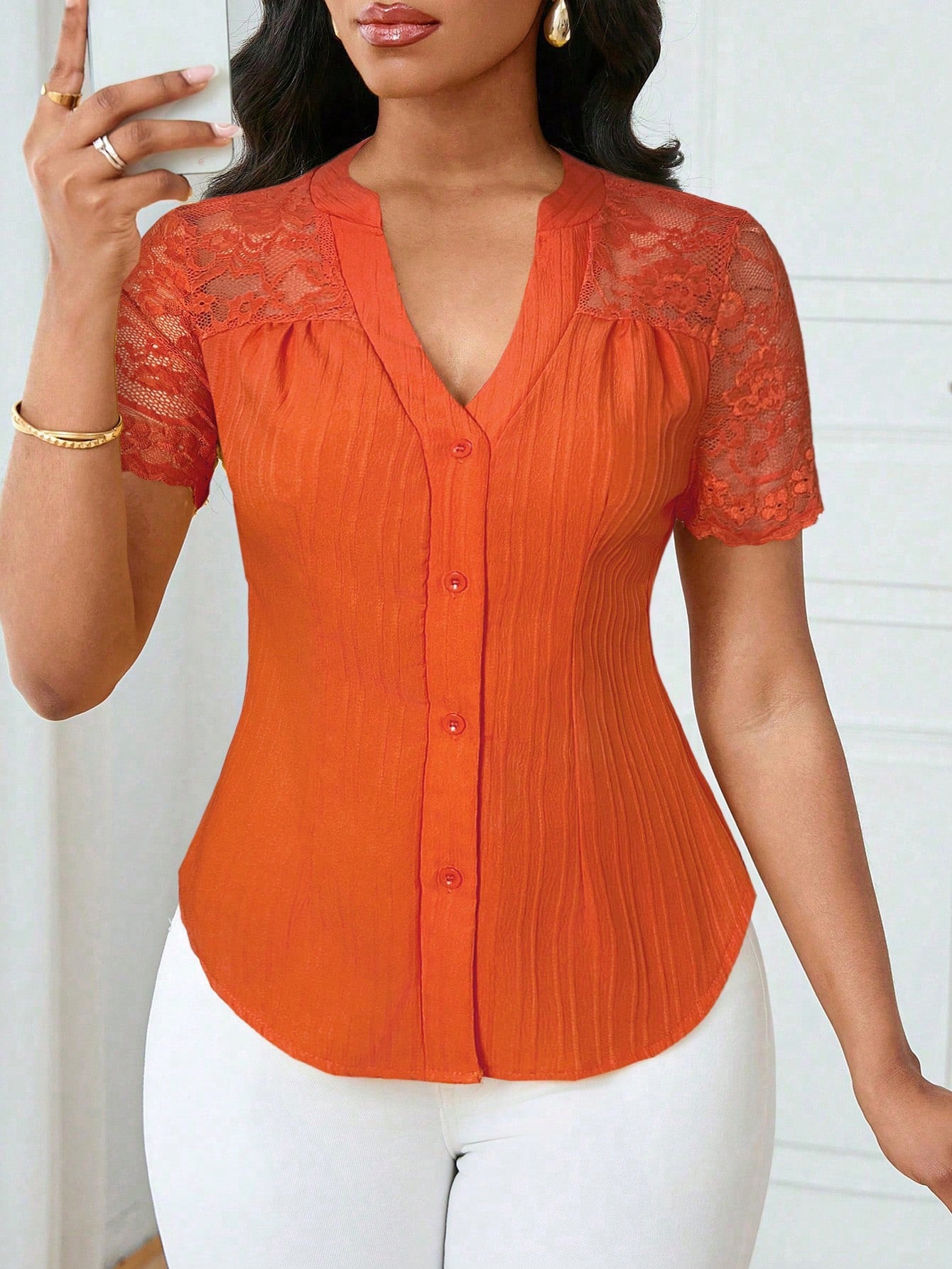 All Match Single Breasted Solid Color Slim Fit Embroidery Hollow Out Cutout Short Sleeve Top