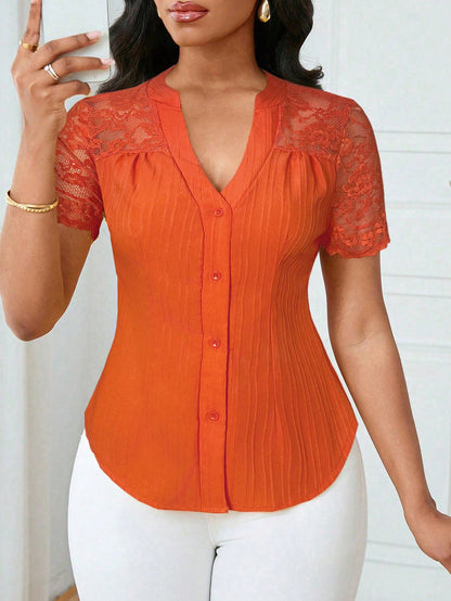 All Match Single Breasted Solid Color Slim Fit Embroidery Hollow Out Cutout Short Sleeve Top