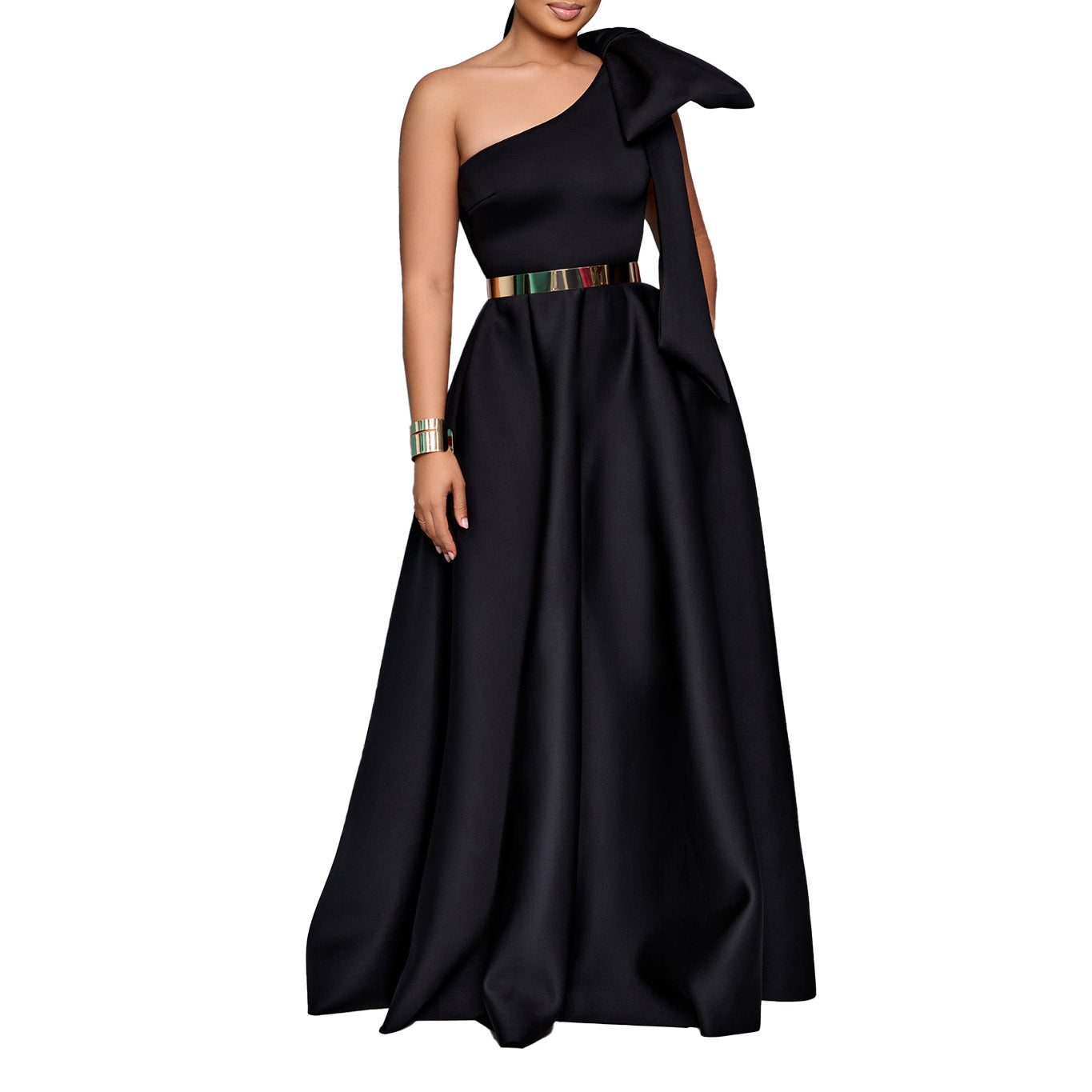 Summer Graceful Fashionable Oblique Shoulder Bow Cocktail Formal Maxi Dress