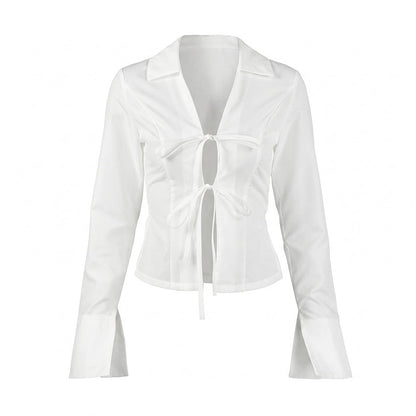 Sexy White Shirt Women Lace up Waist Controlled Long Sleeves Loose Casual Slimming Top