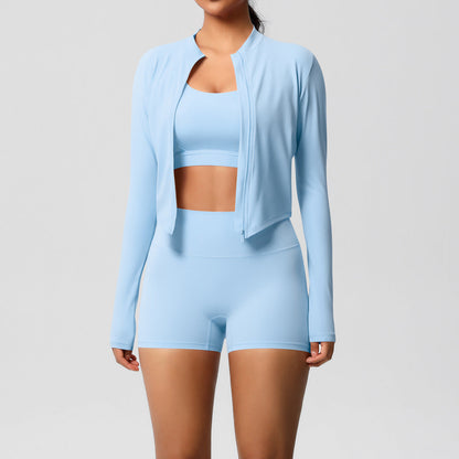 Solid Color Cloud Sense Yoga Bra Sports Coat Pilates Running Shorts Fitness Yoga Wear Three Piece Set for Women