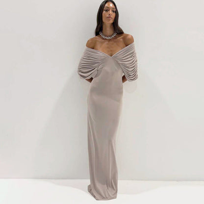 Spring Women Clothing Sexy off Neck Sleeve Slim Solid Color Maxi Dress Women