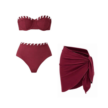 Swimsuit Wine Red Niche Design Tube Top One Piece Swimsuit Women Wrap Skirt