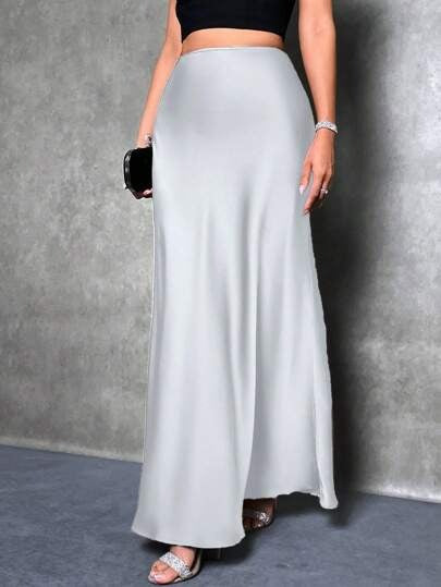 Satin Skirt Autumn Winter Simple A line Long Skirt Women Clothing
