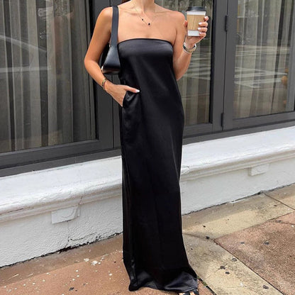 Black Sexy Tube Top Satin High Waist Loose Dress Summer Dress Women