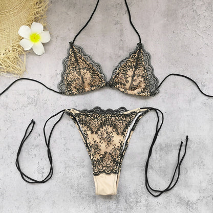 Sexy Backless Halter Lace up Three Point Bikini Lace Stitching Trousers Suit Split Swimsuit for Women