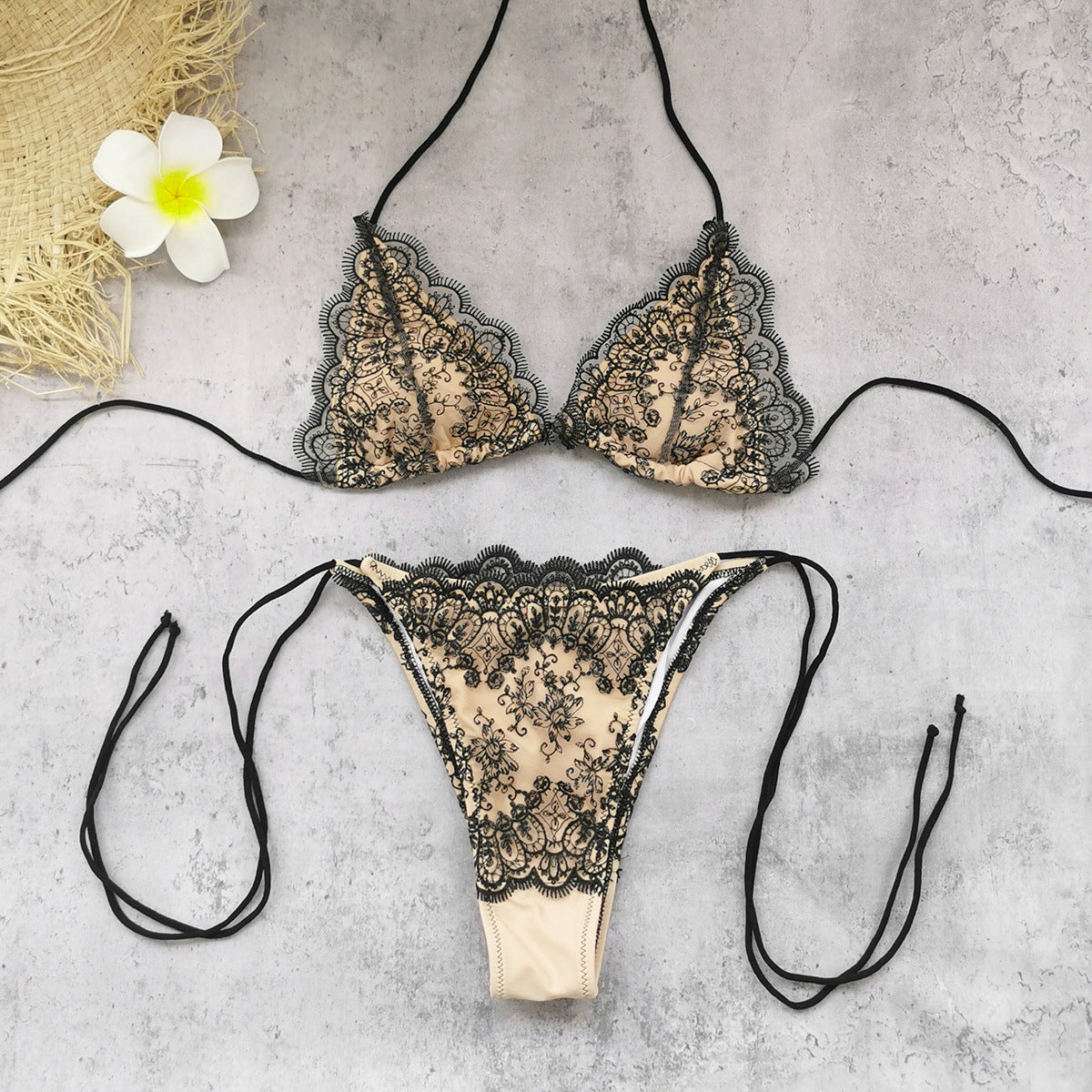 Sexy Backless Halter Lace up Three Point Bikini Lace Stitching Trousers Suit Split Swimsuit for Women