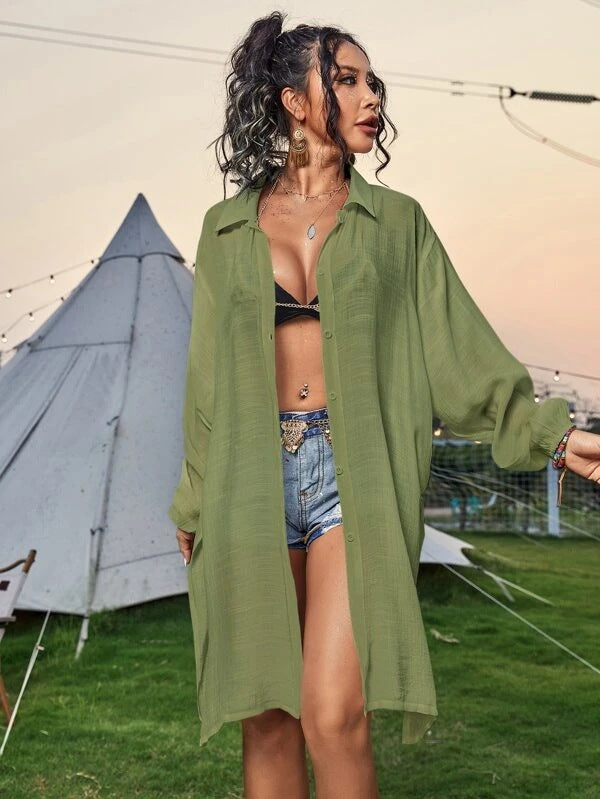 Cotton Long Sleeved Shirt Beach Cover up Vacation Sun Protection Shirt Bikini Swimsuit Outwear Cardigan