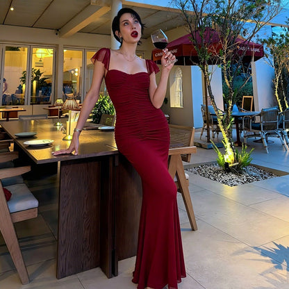 Fashionable Elegant Bandeau Sling Backless Waist Trimming Pleated Mesh Fishtail Dress