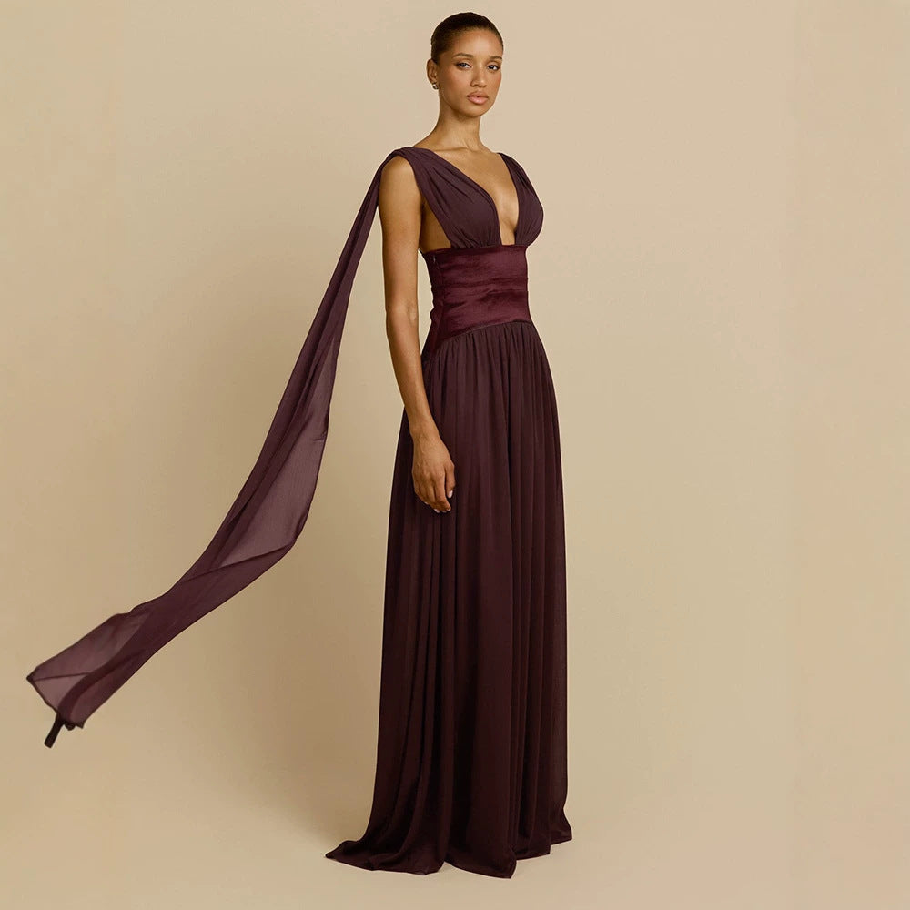Wine Red Dress Women Summer Sleeveless Deep V Plunge Fitted High Waist Drape Chiffon Dinner Dress