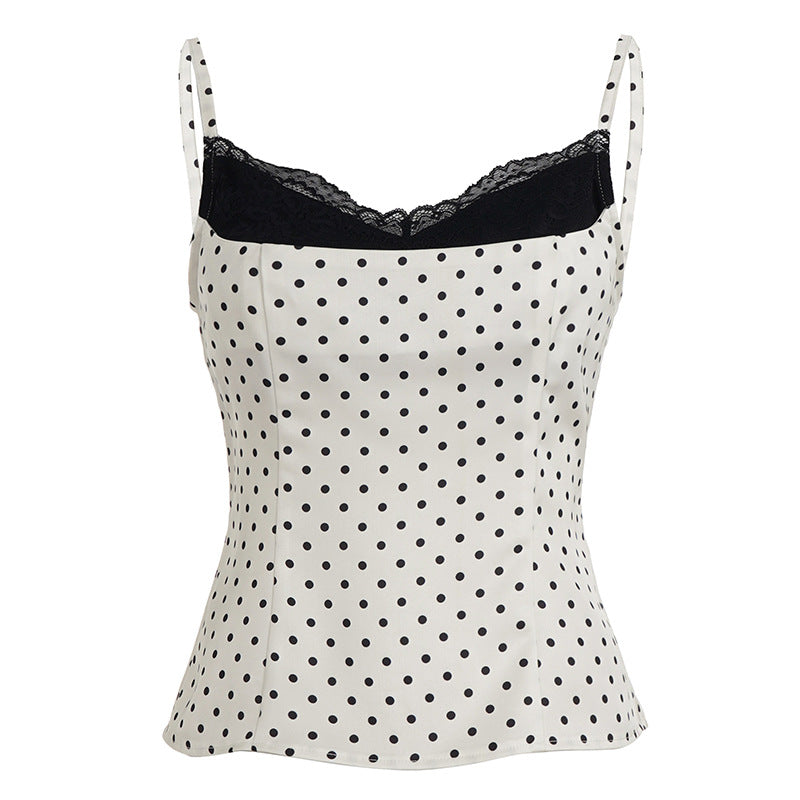 Sexy Elegant Lace Splicing Sling Women French Polka Dot Slim Fit Slimming Fashionable Sweet Spicy Top