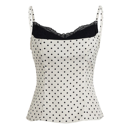 Sexy Elegant Lace Splicing Sling Women French Polka Dot Slim Fit Slimming Fashionable Sweet Spicy Top