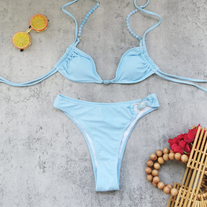 Three Point Strap Low Waist Pure Colored Fresh Bikini Backless Split Swimsuit Women