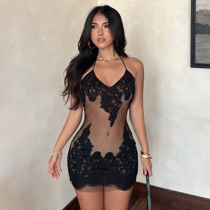 Sexy Mesh Lace Transparent Suspender Dress Leather Slim Fit Hip Dress Nightclub Sexy Women