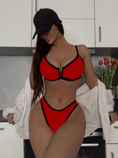 Bikini Double Bikini Sexy Swimsuit Backless Swimsuit Women V Support Swimsuit Color Matching Bikini