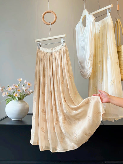 French High Grade Embroidery Sequin Streamer Yarn Women Summer Drape Fairy Cover Swing Maxi Skirt