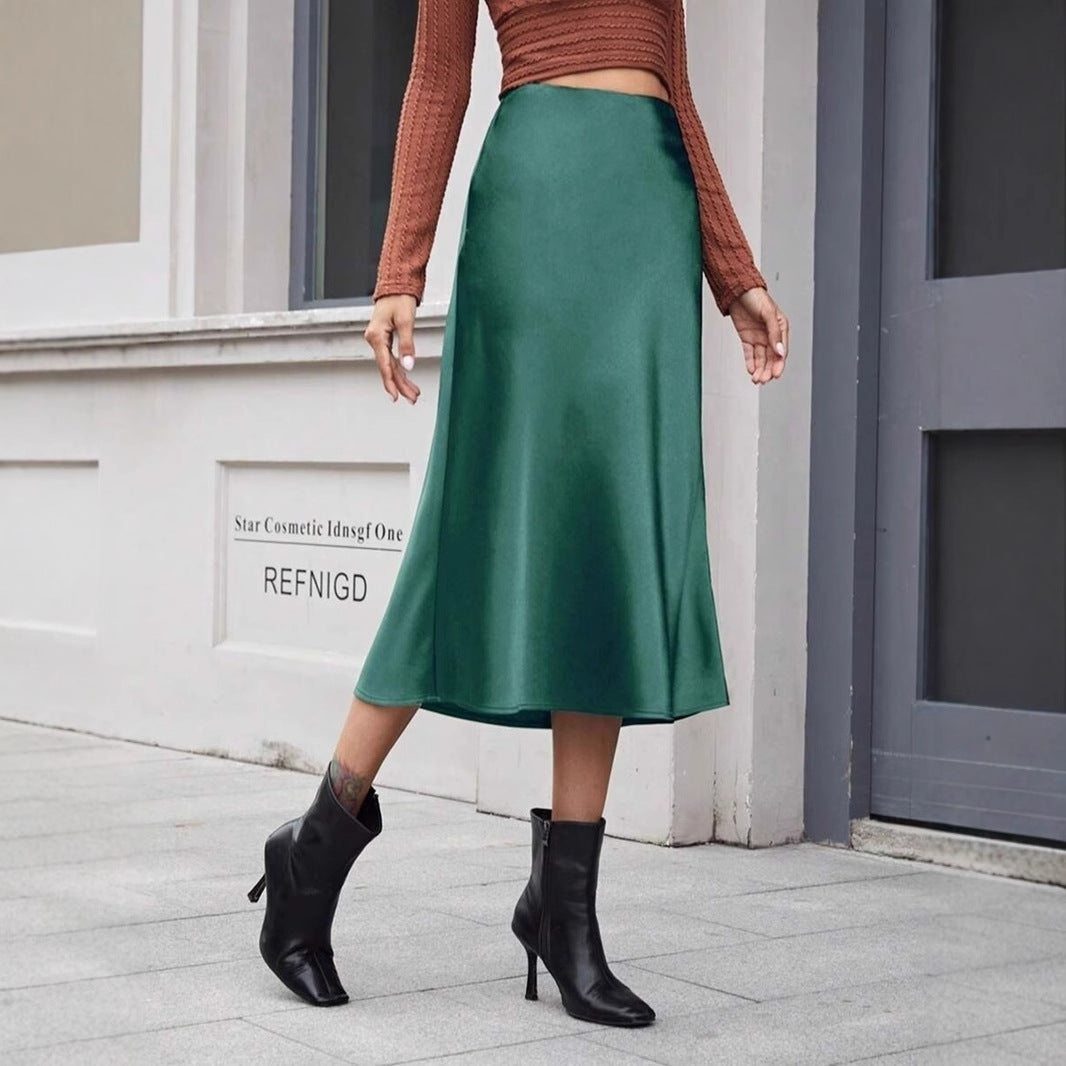 High Waist Satin Skirt Autumn Winter Women Midi Skirt Zipper Satin Skirt