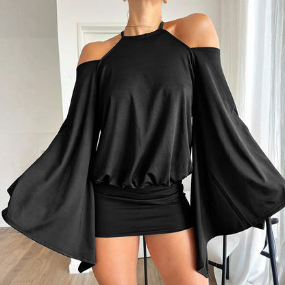 Women Clothing Summer Solid Color Casual Halter Large Bell Sleeve Backless Sheath Short Dress